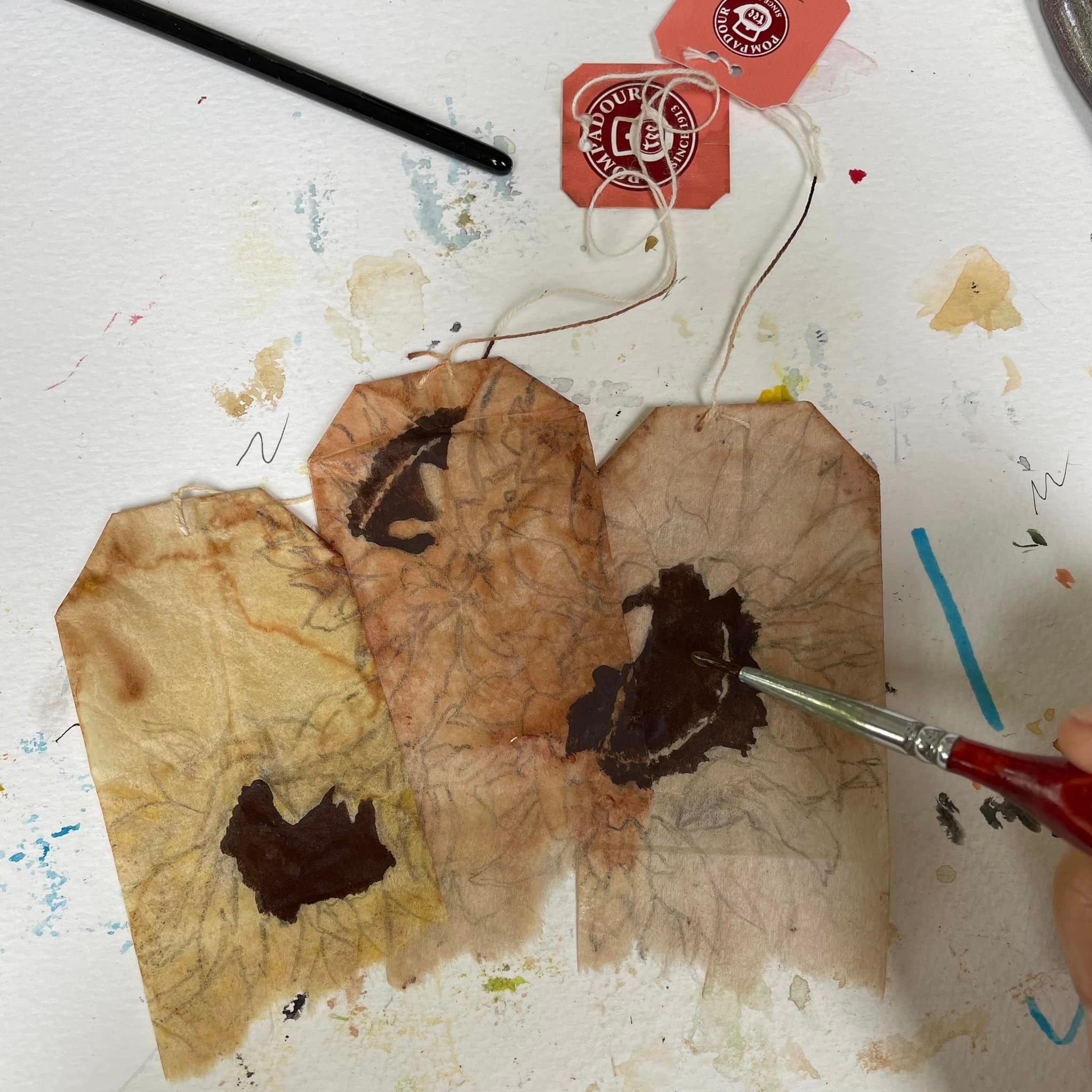 Ruby Silvious Tea Bag Art Work In Process Sunflowers On Used Tea