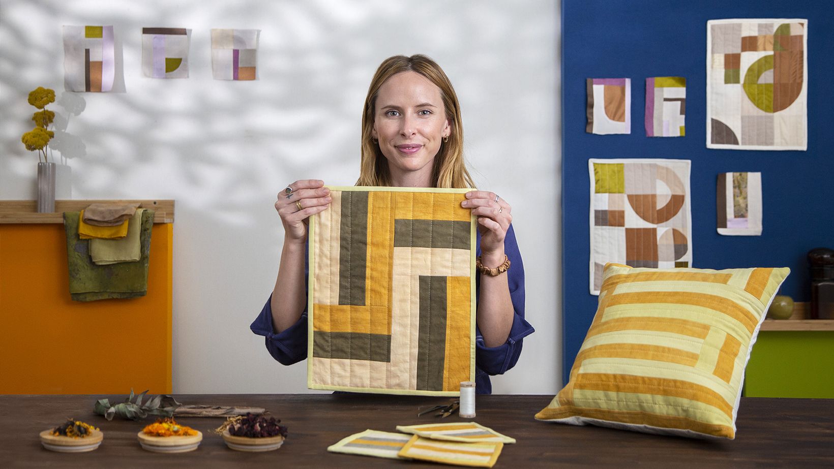 Handmade Patchwork Wall Hanging with Naturally-Dyed Textiles