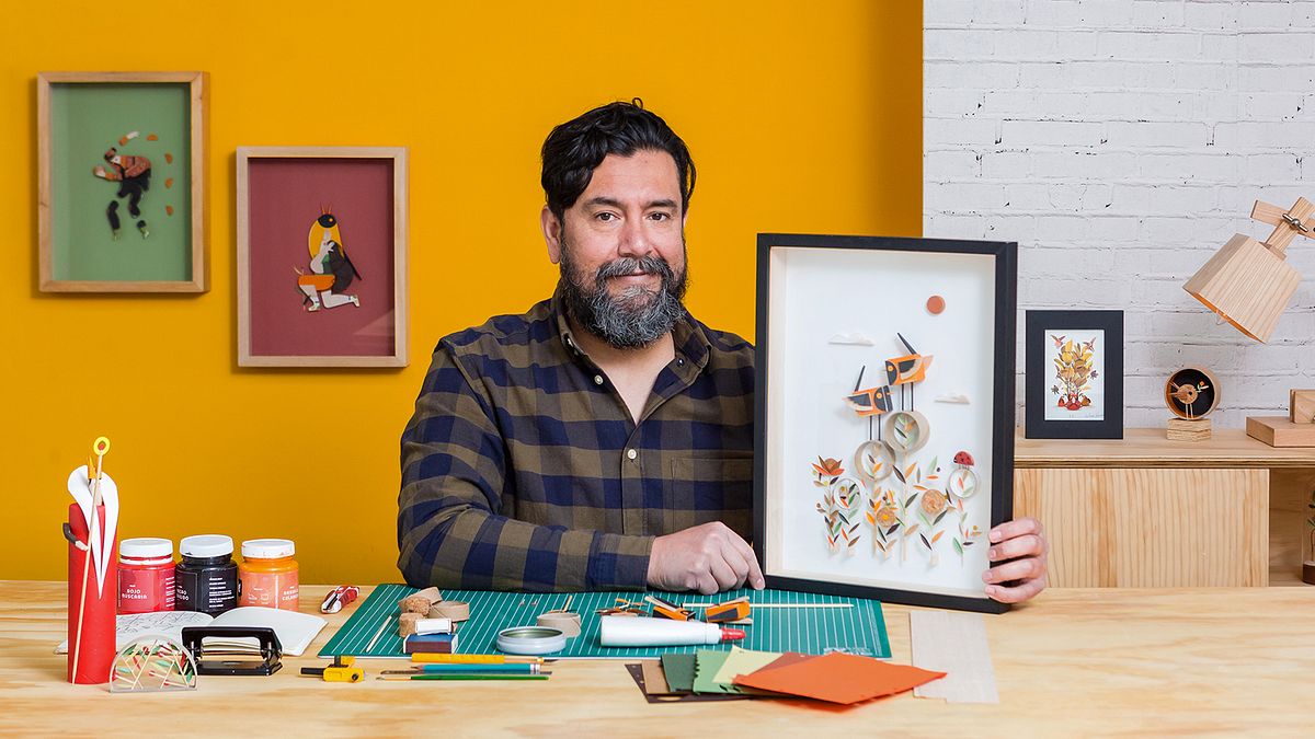 Ilustração tridimensional com papel, papelão e madeira