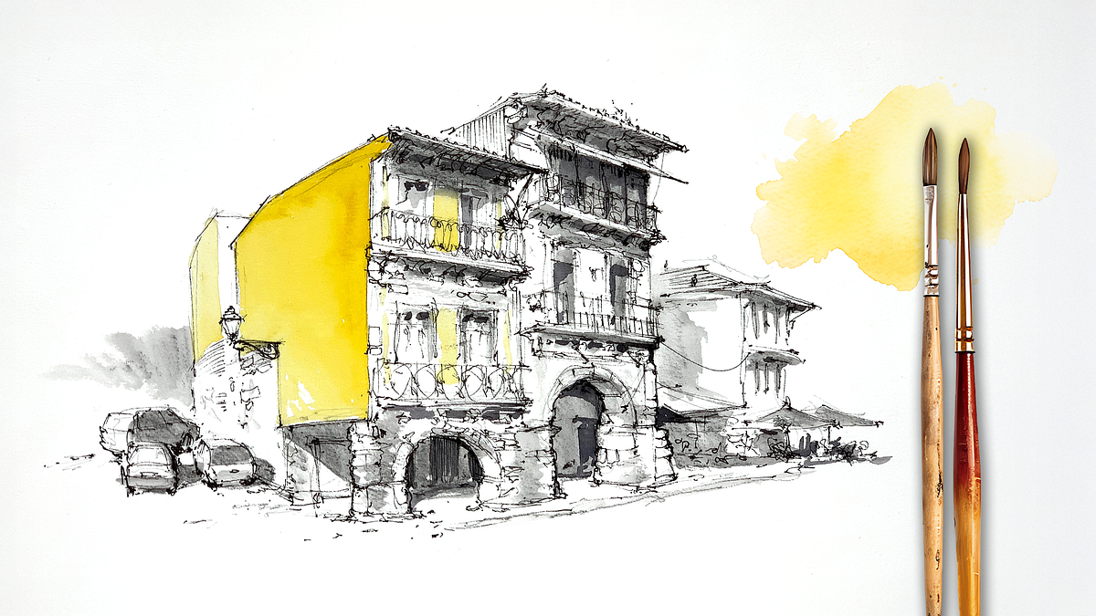 Guided Course: Draw urban buildings with ink and watercolor