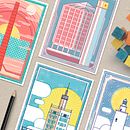 Skyline en Málaga - Set de postales. Architecture, Traditional illustration, and Vector Illustration project by Estudio Extramuros - 06.18.2017