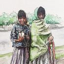 Niñas raramuris, lago Arareco. Chihuahua, México. Tinta y acuarela.. Un progetto di Disegno, Disegno artistico, Disegno di ritratti e Pittura ad acquerello di Amador Sevilla García - 11.09.2018
