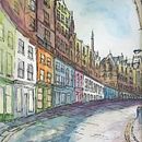Victoria Street - Edinburgh in Covid times - watercolour and ink on A4 cartridge paper. Een project van Aquarelschilderen van Peter Lo - 31.03.2020
