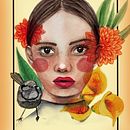 Retrato niña floral con ave en hombro. Un progetto di Belle arti, Disegno di ritratti e Pittura ad acquerello di Lucia Chanqueo - 27.06.2020