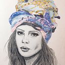 Portrait of a woman in silk scarf headdress . Desen în creion, Pictură în acuarelă și Desen de portret de Marta Li - 03.14.2021