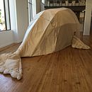 Chasing the Whale, 25' x 25' x 8' painter's canvas, pvc pipe, shag rug, bean bags, rope.  projeto de Alanna Risse - 16.06.2021