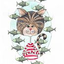 Cat with fishs. Ilustração tradicional, e Artes plásticas projeto de Flávia Leitão - 14.06.2021