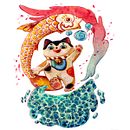 Proyecto final Acuarelas de Ensueño: Gatoperro con influencia japonesa. . Projekt z dziedziny Trad, c, jna ilustracja,  R, sunek, Malowanie akwarelą, Ilustracja w i dawnicza użytkownika Guadalupe Baldi - 17.01.2022