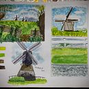 Proyecto: Molinos de Kinderdijk 2019. Projekt z dziedziny Trad, c, jna ilustracja, Malowanie akwarelą,  R, sunek architektoniczn i Sketchbook użytkownika Natalia Ramírez - 23.05.2022