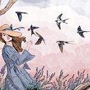 La Demoiselle et Hirondelles. Traditional illustration, Digital Illustration, Watercolor Painting, Portrait Drawing, and Digital Drawing project by Bruno Teodoro Guedes - 06.29.2022