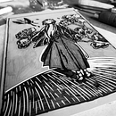 Rurouni Kenshin (Linocut Printmaking). Een project van Traditionele illustratie, Craft,  Beeldende kunst, Printen,  Illustratie met inkt,  Ontwerp y Stripboek van Javier Gentili - 10.01.2023