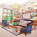 Un espace inétieur, feutres et aquarelle. Traditional illustration, Architecture, Drawing, and Architectural Illustration project by veroniquep - 01.29.2023