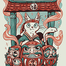 Good Luck Daruma Kitty - My project for course: Monetize your Illustrations by Transforming them into Products. Un proyecto de Ilustración tradicional, Marketing, Ilustración digital, Dibujo digital y Business de catieraart - 20.08.2023