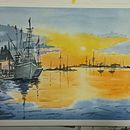 Atardecer en un puerto. Pintura em aquarela projeto de enavidal - 21.12.2023