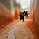 The photo shows a creative indoor walkway that looks like a wavy landscape. The path has smooth, curving lines in different shades of beige, brown, and white, making it look like sand dunes or layers of rock. The walls and floor are covered with carpet th. Un projet de Design d'intérieur de zarifmammadzada - 16.06.2024
