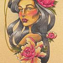 Lady with peonies. Un proyecto de Dibujo digital, Ilustración digital, Dibujo y Diseño de tatuajes de larenaolisetattoo - 05.02.2025