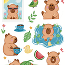 Capybara kawaii sticker sheet. Projekt z dziedziny Manga, Projektowanie postaci, Trad, c i jna ilustracja użytkownika victoriaaraque - 16.04.2025