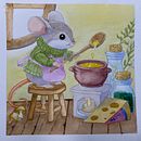 Ratinho na cozinha. Ilustração tradicional, Ilustração infantil, Desenho, Desenho digital, Esboçado, e Pintura em aquarela projeto de Dena Núñez - 21.04.2025