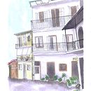 Architectural sketch with watercolor and ink, in Parga, Greece. Een project van  Tekening, Aquarelschilderen,  Architecturale illustratie, Sketchbook,  Illustratie met inkt y  Schetsen van Sofia P. - 23.05.2025