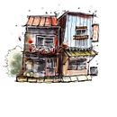 Vintage House Illustration with Brush Markers. Ilustração arquitetônica, Desenho, Ilustração com tinta, Sketchbook, e Esboçado projeto de Tee Kanittasoontorn - 05.06.2025