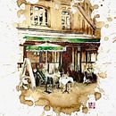 Paryska kawiarnia, kawa, czarne pisaki, białe pisaki i zielone akwarele. Projekt z dziedziny  R, sunek i Malowanie akwarelą użytkownika Audrey Flament - 05.06.2025