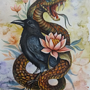 Serpente, Corvo e Lótus. Traditional illustration, Watercolor Painting, Fine Arts, and Naturalistic Illustration project by Giovana Giordani - 07.21.2025