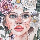 Mujer con flores en su cabeza. Desenho de retrato, Ilustração tradicional, e Pintura em aquarela projeto de Andrea Vanegas Villamil - 03.08.2025