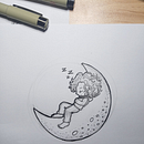 ZZZ na Lua. Un proyecto de Bocetado, Ilustración infantil, Ilustración con tinta, Ilustración naturalista				, Dibujo artístico, Diseño de personajes, Dibujo con lápices de colores, Creatividad, Dibujo, Bellas Artes, Dibujo a lápiz, Dibujo de Retrato e Ilustración tradicional de Daiane Ramos - 09.08.2025