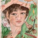 An actress Rie Miyazawa in a green dress 👗 . Un progetto di Disegno, Design, Pittura e Pittura ad acquerello di Ms. Yoko Wakabayashi - 11.05.2026