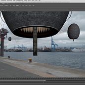 NAVE ESPACIAL EN FORMA DE KINDER SORPRESA INVADE EL PUERTO DE GRAN CANARIA. Un proyecto de 3D, Arte urbano, Diseño, Diseño gráfico, Post-producción fotográfica		 y VFX de Jorge Poveda Garcia - 10.10.2016