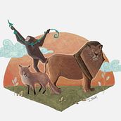 Mono, león y zorro. Ilustración digital con lápices de colores. Traditional illustration project by Miryam Pérez - 03.21.2018