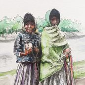 Niñas raramuris, lago Arareco. Chihuahua, México. Tinta y acuarela.. Projekt z dziedziny R, sunek, R, sunek art, st, czn, Portret i Malowanie akwarelą użytkownika Amador Sevilla García - 11.09.2018