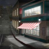 Matte Painting y Concept Art. Café en ciudad nocturna.. 2D Animation, 3D Animation, Concept Art, Drawing, Digital Illustration, VFX, Video Games, Photograph, and Post-production project by VILCHESSAN Alejandra Ortiz - 12.11.2018