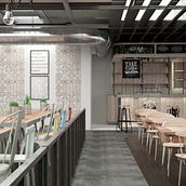 CAFETERÍA APACHE. Un progetto di 3D, Architettura, Architettura d'interni e Interior design di Sonia Esteban Torrente - 28.12.2018