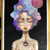La galaxia en mi cabeza. Creativit, Drawing, Portrait Drawing, Painting, and Watercolor Painting project by Stephanie Castro - 05.29.2019