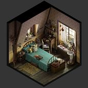 Vintage bedroom - Isometric. Un proyecto de 3D, Dirección de arte, Ilustración digital y Modelado 3D de Jose Olmedo - 25.06.2019