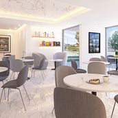 Cafetería en Hotel. 3D, Animação 3D, Arquitetura, Arquitetura digital, Arquitetura de interiores, Decoração de interiores, Design de interiores e Infografia projeto de Gabriel Spinelli - 10.10.2019