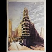 Edificios Carrion y Metrópoli acuarela. Traditional illustration, and Watercolor Painting project by Carlos Romero López - 12.02.2019