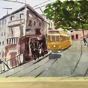 Calle de Lisboa con tranvia. Watercolor Painting project by lgilgon - 04.10.2020
