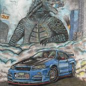 Dibujo con colores Godzilla. Desenho e Ilustração tradicional projeto de Juan Carlos Gómez - 16.08.2019