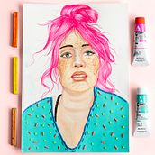 Bubblegum hair, embrodiered shirt. Un proyecto de Bordado, Dibujo de Retrato, Diseño de moda e Ilustración tradicional de Angela Hernandez - 14.05.2020