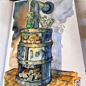 A Fireplace Pen & Wash Study. Traditional illustration, Ink Illustration, Painting, Watercolor Painting, Sketchbook, and Sketching project by Rene Enriquez - 06.07.2020