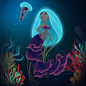 Jellyfish Mermaid Original Character. Design de personagens e Ilustração digital projeto de Jennifer Adekyn - 18.06.2020