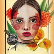Retrato niña floral con ave en hombro . Seni Rupa, Menggambar Potret, Dan Lukisan Cat Air proyek oleh Lucia Chanqueo - 06.27.2020