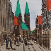 City centre Bremen, Germany. Watercolor Painting project by Brian Ratcliffe - 06.27.2020
