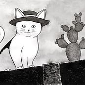 Gato de chapéu sobre muro. Ilustração tradicional projeto de Raul Felix - 08.08.2020