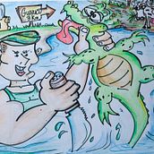 Mi Proyecto del curso: Introducción a la creación de personajes estilo cartoon. Mi personaje se llama LEO RAMBO, es un joven que siempre se mete en problemas por ser un poco extrovertido y pantallero. Aquí lo vemos peleando con un caimán.. Traditional illustration, Character Design, and Drawing project by Orlando Tenorio Ríos - 05.01.2020