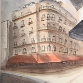 En una esquina de Paris hay un café con un toldo rojo . Projekt z dziedziny  Rysunek artystyczny użytkownika Maria de las Mercedes Villagra - 28.11.2020