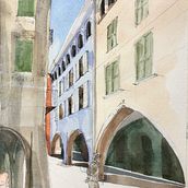 "Man strolling in Dogliani High Street" . Architectural Illustration, Architecture, Sketching, and Watercolor Painting project by Sara Dryburgh - 10.13.2020