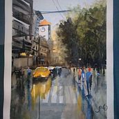 Proyecto curso: Paisaje urbano lluvioso en acuarela. Street Art, and Watercolor Painting project by Glr - 11.08.2020